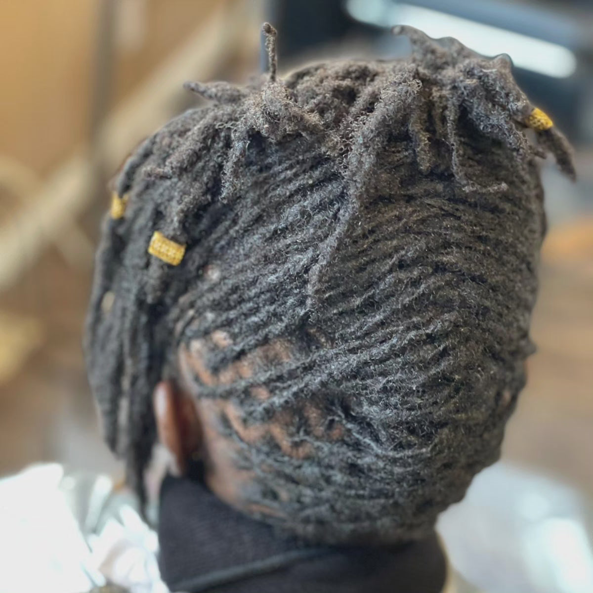 Close up of a person with large micro locs (the larger side of skinny) folded up into a french roll, with hair loose in the front. there are gold clips adorning the locs.